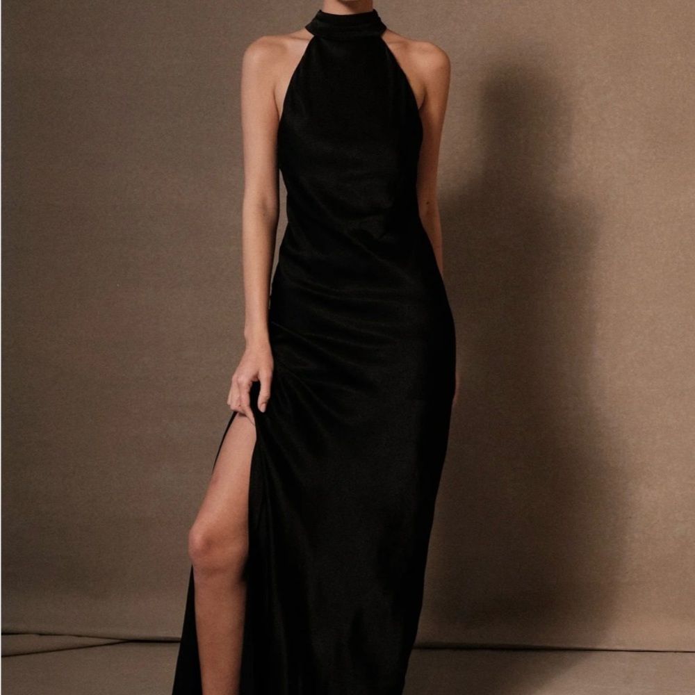 CLAIRE
Satin Drape Back Maxi Dress with Split - Black